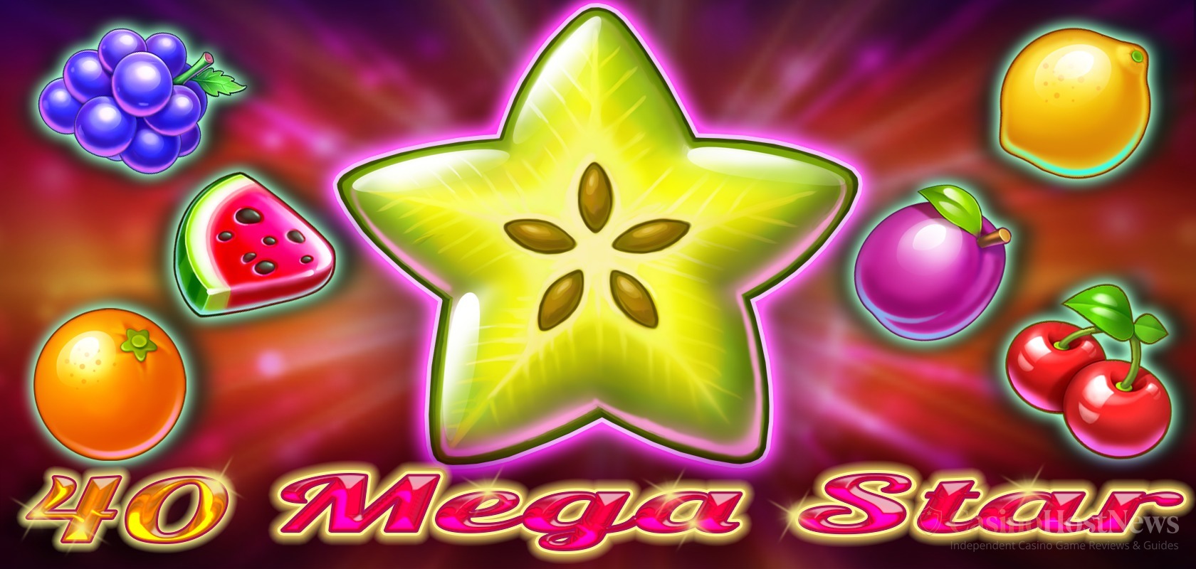 40 Mega Star slot key art by CT Interactive, classic fruit theme with Seven Wild and Star Scatter symbols