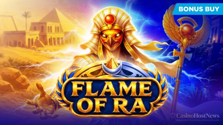 Flame of Ra slot key art by Evoplay, ancient Egypt theme featuring the falcon-headed god Ra with Bonus Buy badge