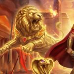 Legion Gold and the Throne of Dead slot key art by Play n GO, Roman legionnaire before a burning Egyptian city with golden lion and cobra statues