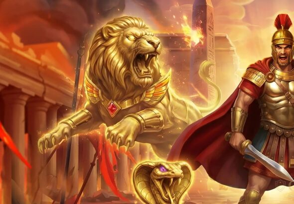 Legion Gold and the Throne of Dead slot key art by Play n GO, Roman legionnaire before a burning Egyptian city with golden lion and cobra statues