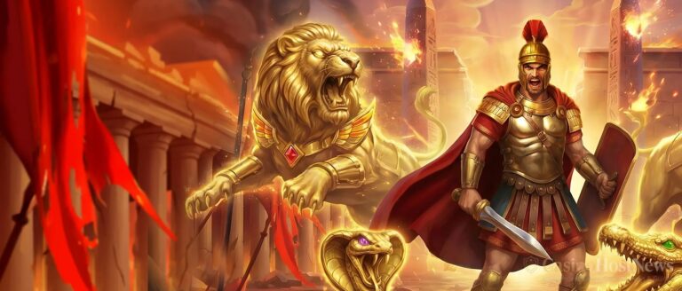 Legion Gold and the Throne of Dead slot key art by Play n GO, Roman legionnaire before a burning Egyptian city with golden lion and cobra statues