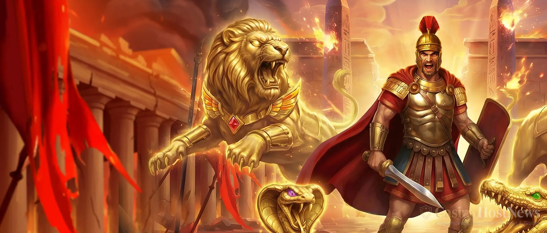 Legion Gold and the Throne of Dead slot key art by Play n GO, Roman legionnaire before a burning Egyptian city with golden lion and cobra statues