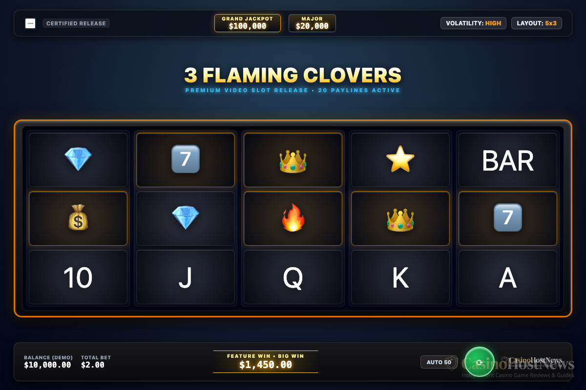 3 Flaming Clovers in-game slot machine interface by Evoplay Provider