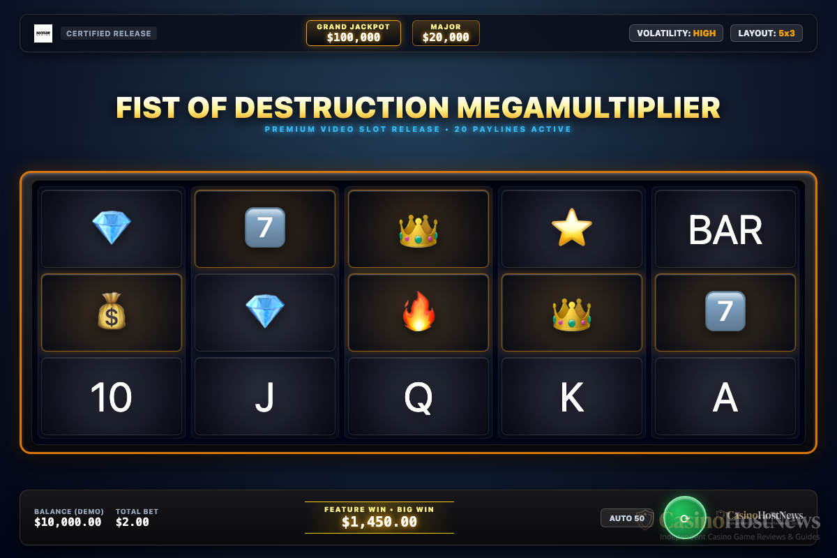 Fist of Destruction Megamultiplier in-game slot machine interface by Hacksaw Gaming