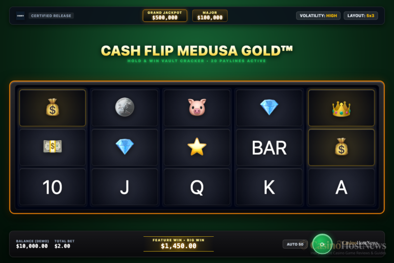Cash Flip Medusa Gold™ in-game slot machine interface by Snowborn Games