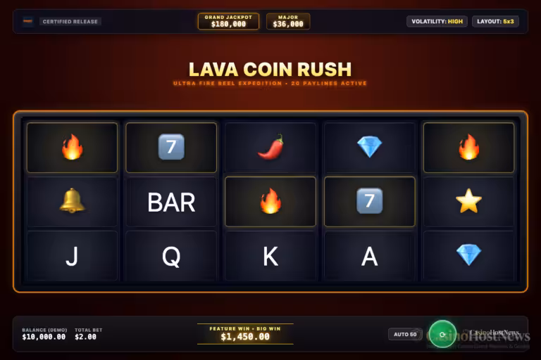 Lava Coin Rush in-game slot machine interface by Dynabit Gaming