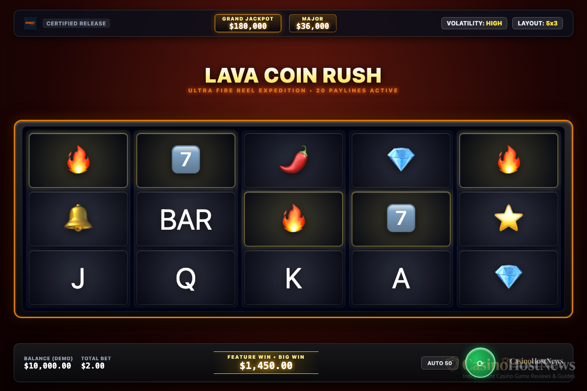 Lava Coin Rush in-game slot machine interface by Dynabit Gaming