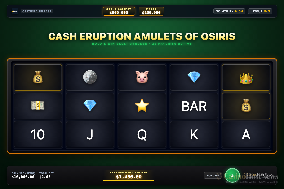 Cash Eruption Amulets of Osiris in-game slot machine interface by Igt