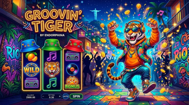 Groovin Tiger slot official artwork with dancing tiger character and bucket hats by Endorphina