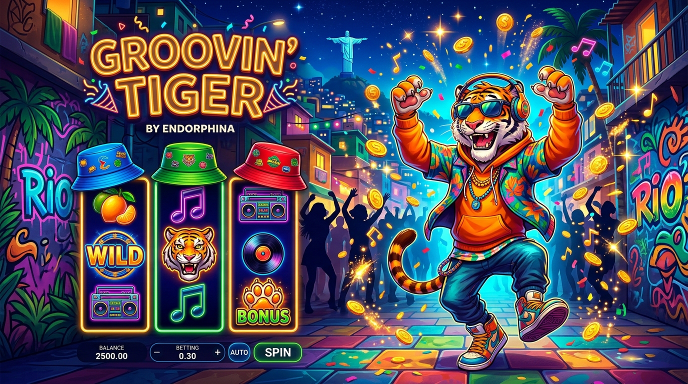 Groovin Tiger slot official artwork with dancing tiger character and bucket hats by Endorphina